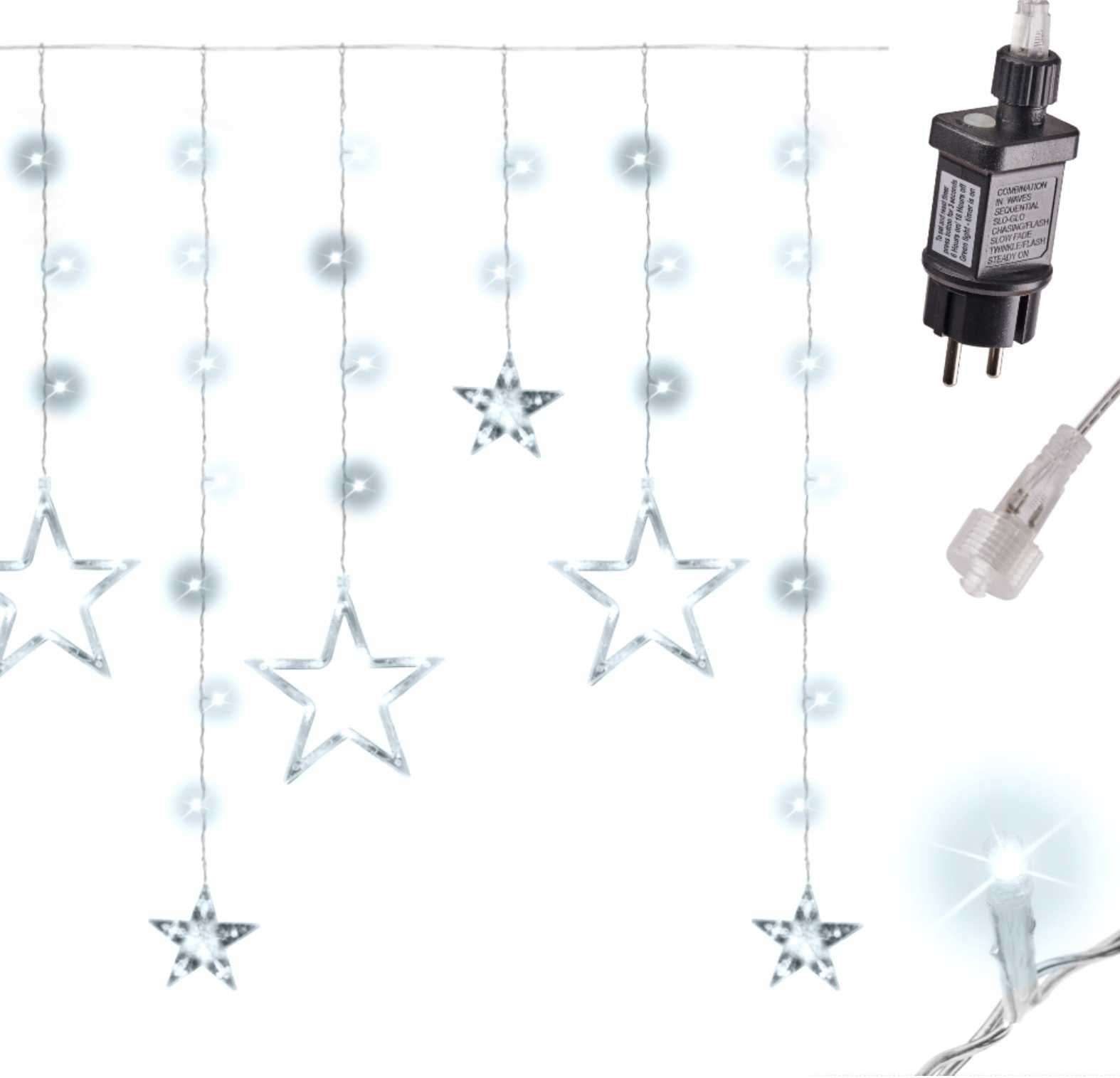 Lampki LED kurtyna gwiazdki 2,5m 138LED zimny biały 8 trybów świecenia