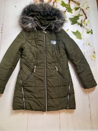 Зимняя женская куртка пуховик курточка зимова пальто зелёная оливка