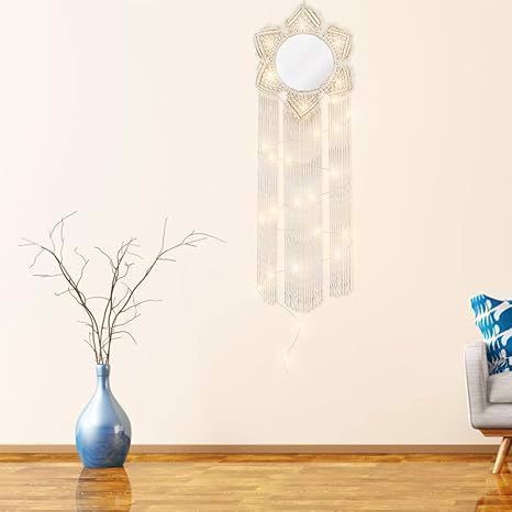 Makrama Wisząca  z Lustrem i lampkami