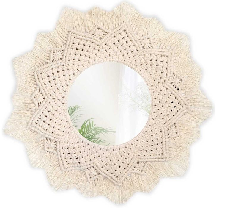 Nowe lustro ścienne boho okrągłe 60 cm makrama beż naturalne