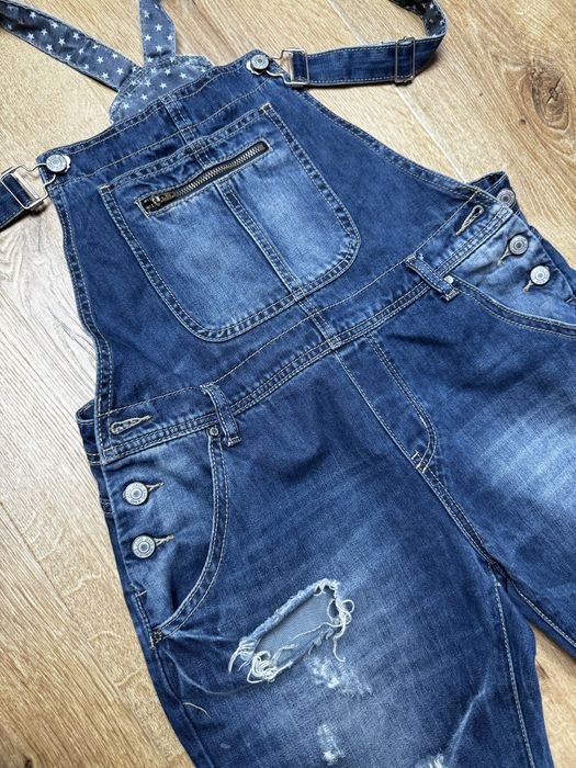 Ogrodniczki jeansowe M długie z dziurami ala ciążowe