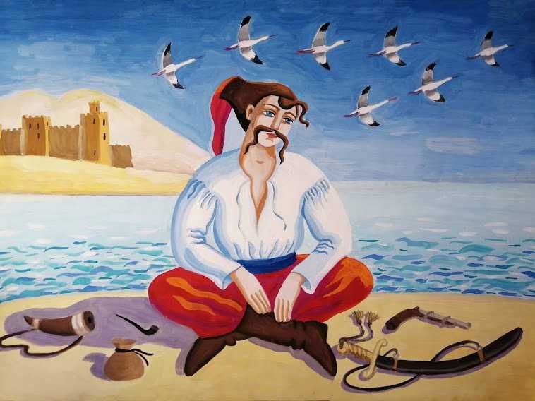 Картина, рисунок гуашью. "Козак біля моря". Пейзаж, живопись А2