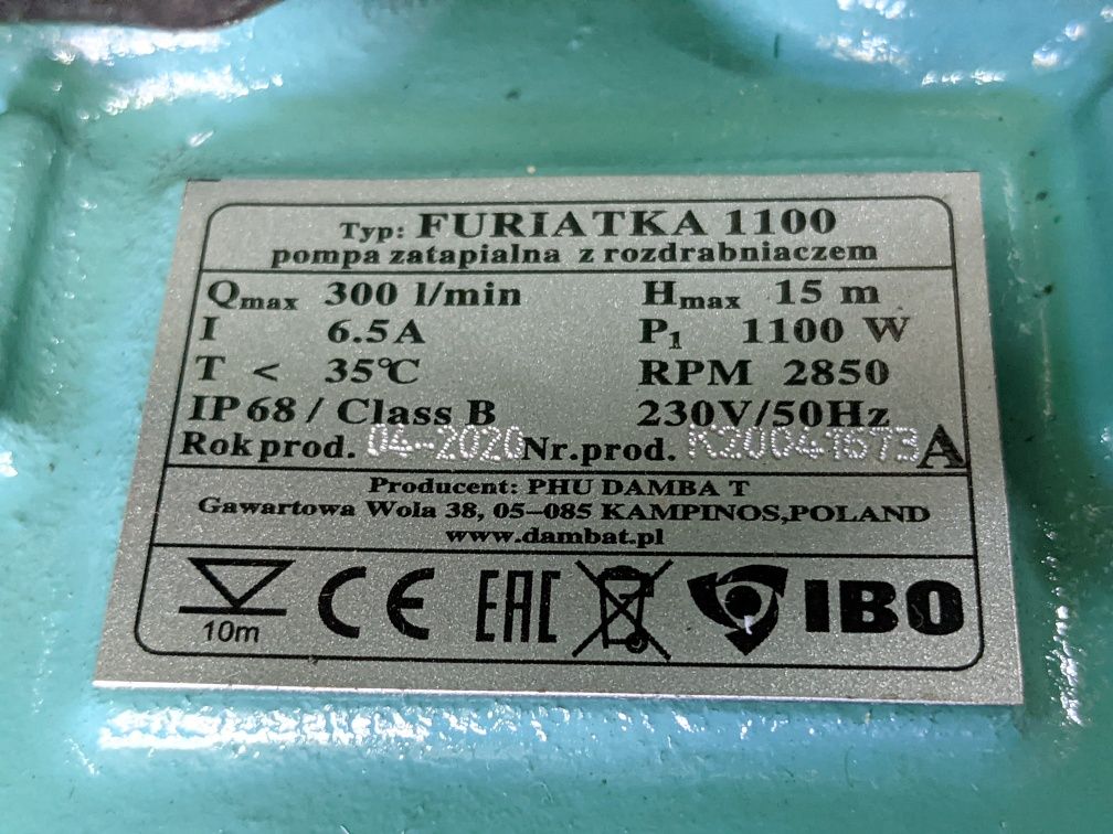 Насос фекальный с фрезой Furiatka 1100 ОРИГИНАЛ