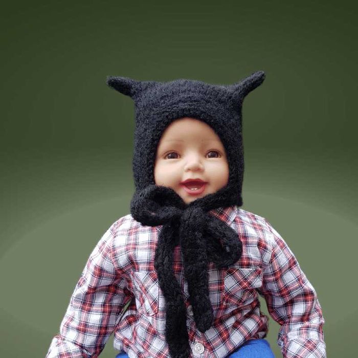 Czapka Czarny Kot,  kotek 36/38  niemowlę alpaka/jedwab