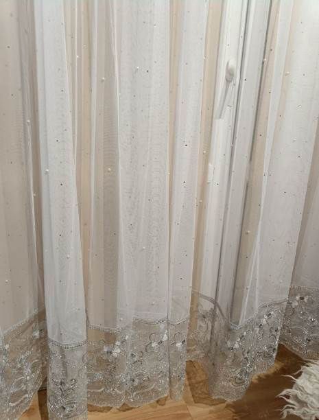 Firany ze srebrną gipiurą i perełkami 220x400cm