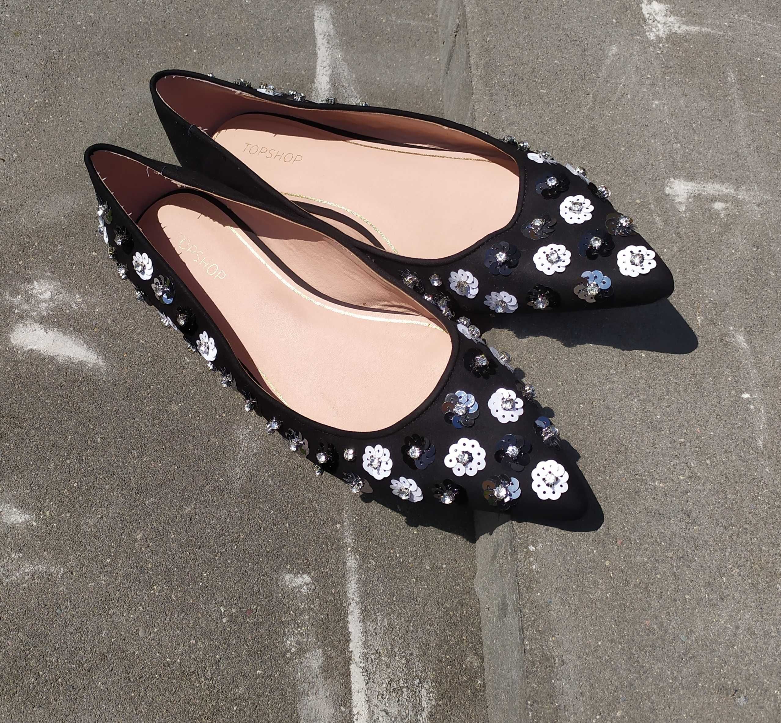 Baleriny w szpic, w kwiaty, z cyrkoniami, TOPSHOP r. 39