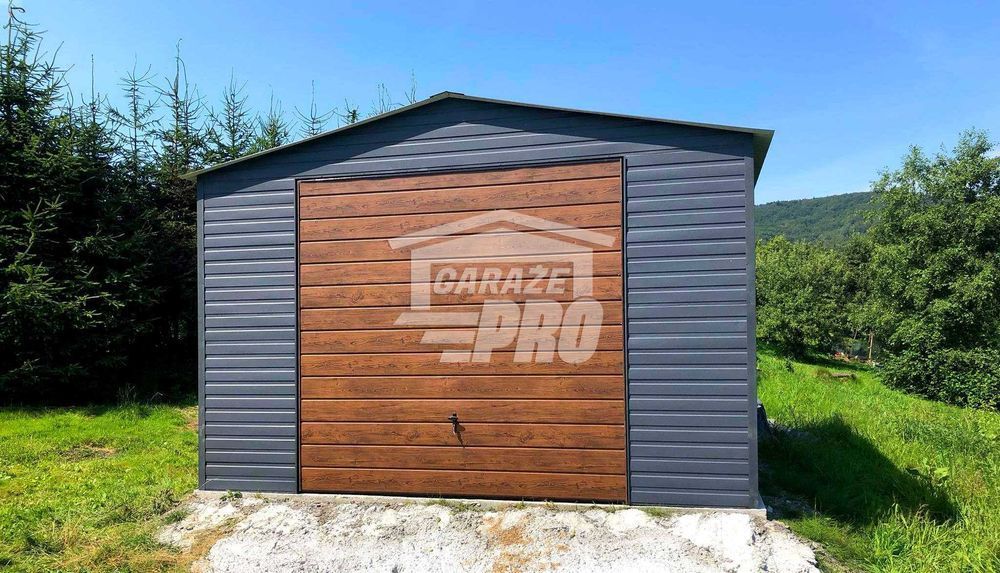 Garaż blaszany 5x5 Brama antracyt + drewnopodobny dwuspadowy  GP87