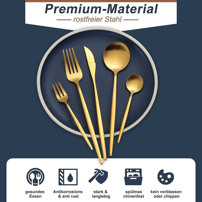 Conjunto de talheres novos dourados mate, 30 peças