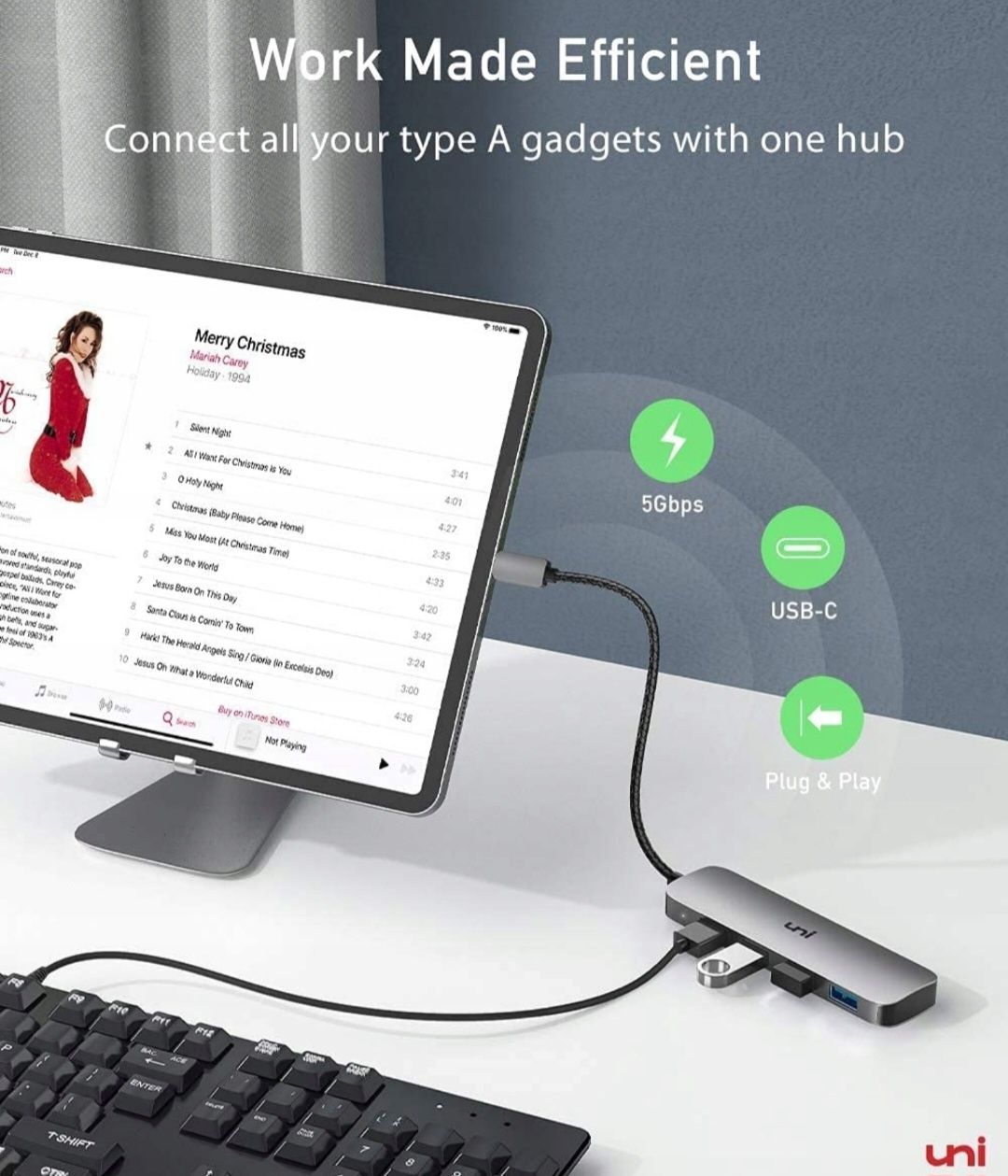 Uni USB C Hub 1 do 4 USB 3.0 Srebrny Aluminium