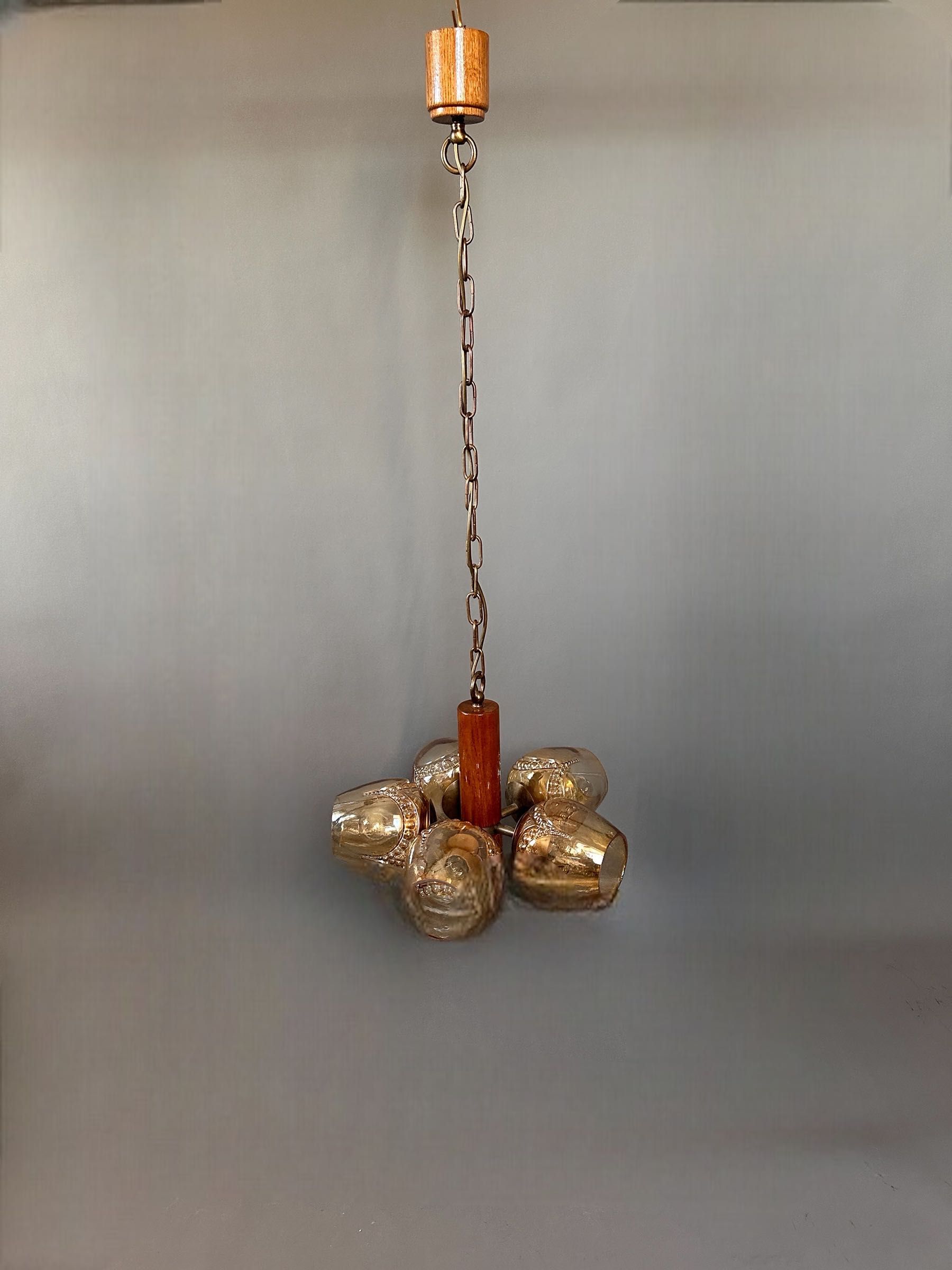 Rustykalna lampa wisząca Vintage Niemcy lata 70-te, mosiądz drewno