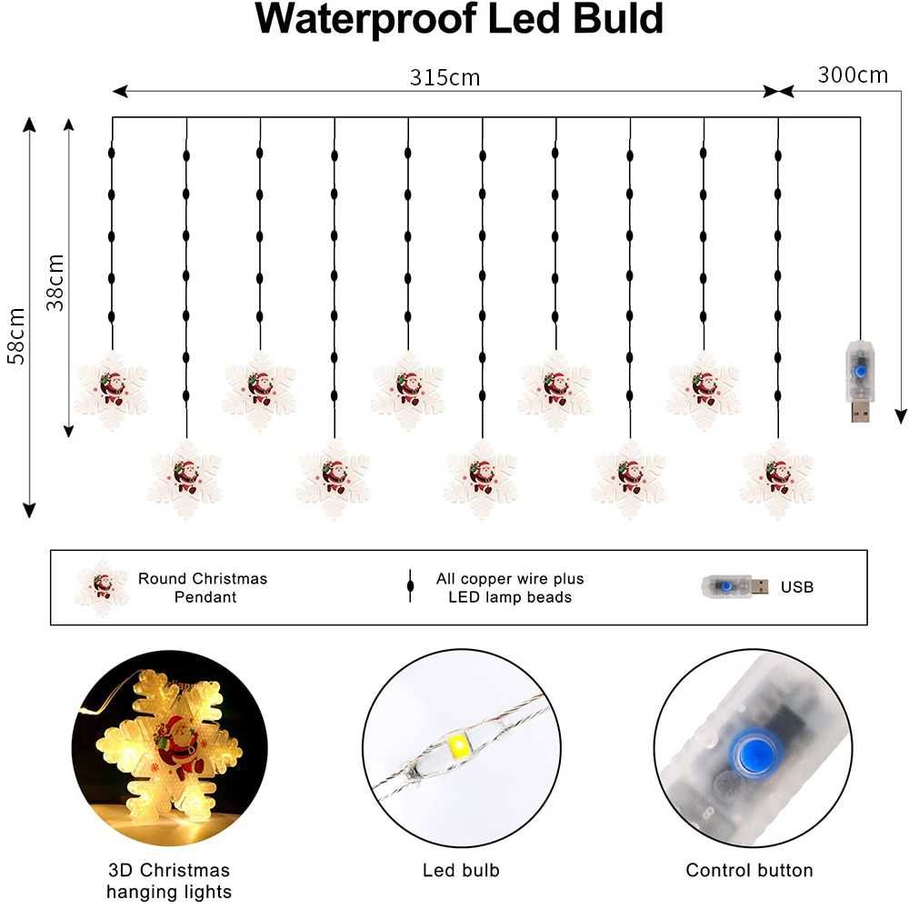 Гірлянда штора роса з сніжинками від USB 3*1м