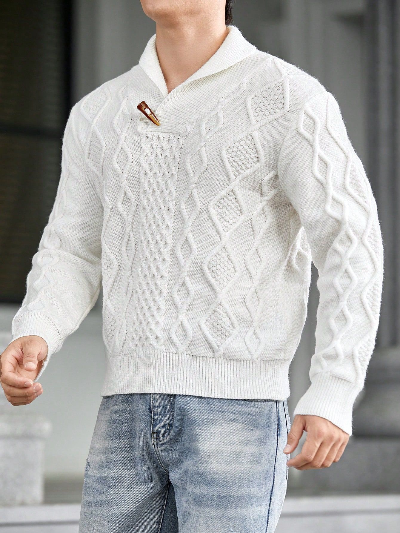 Sweter Męski Z Kołnierzykiem Biały Teksturowany Casual Shein M