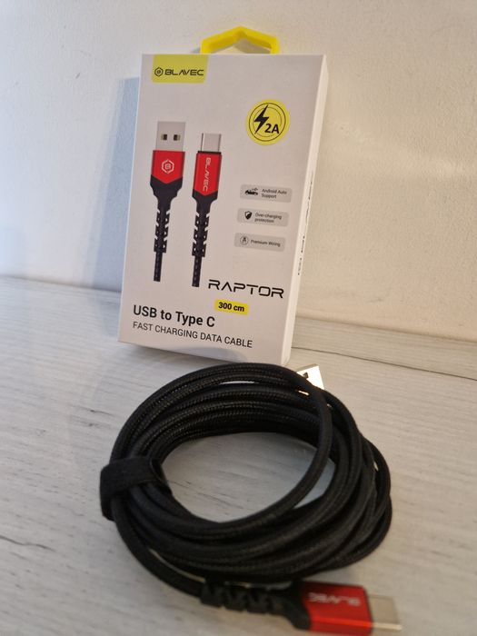Blavec Kabel Raptor pleciony - USB na Typ C - 2A 3 metry czar-czer