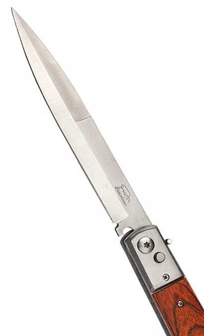 Długi nóż sprężynowy składany z blokadą stal + drewno + futerał N-503C