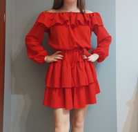 Czerwona sukienka koktajlowa hiszpanka z falbanami