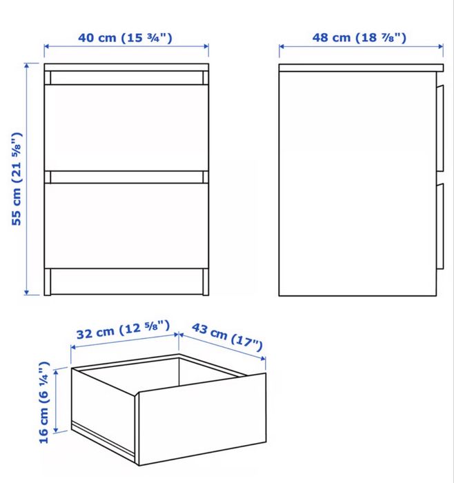 Dwie komody MALM, 2 szuflady, czarnobrąz, szafka nocna