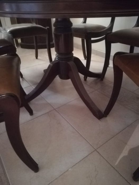 Vendo mesa extensível de raiz de nogueira, com 6 cadeiras estofadas