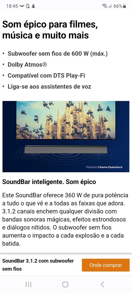 SoundBar 3.1.2 com subwoofer sem fios