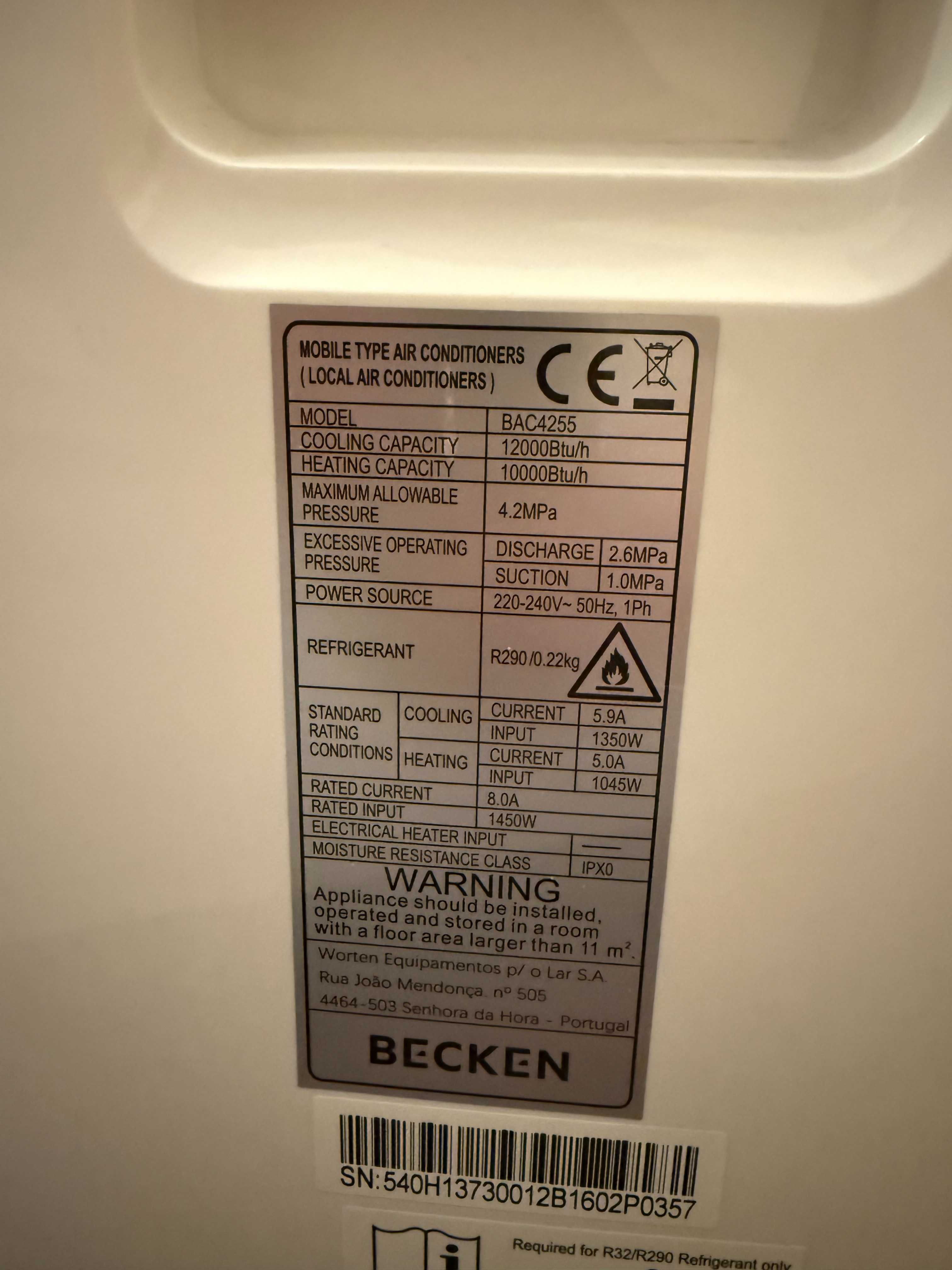 Aquecedor/Ar-Condicionado Portátil BECKEN BAC4255 12.000 BTU