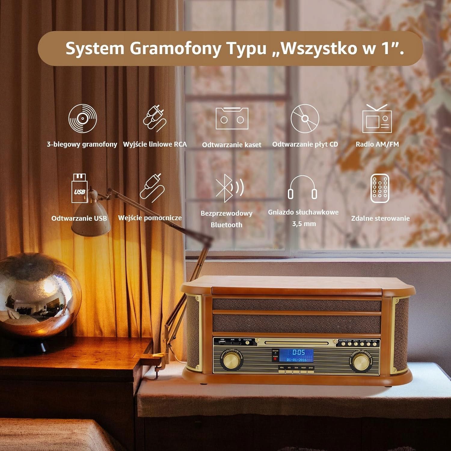 3-biegowy bezprzewodowy gramofon winylowy Bluetooth