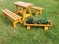 Meble ogrodowe stół z ławkami i donica ręcznie wykonane