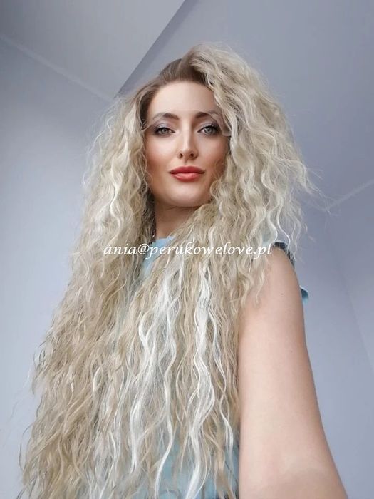 Peruka blond refleksy LACE FRONT z odrostem afro loki arielki kręcone