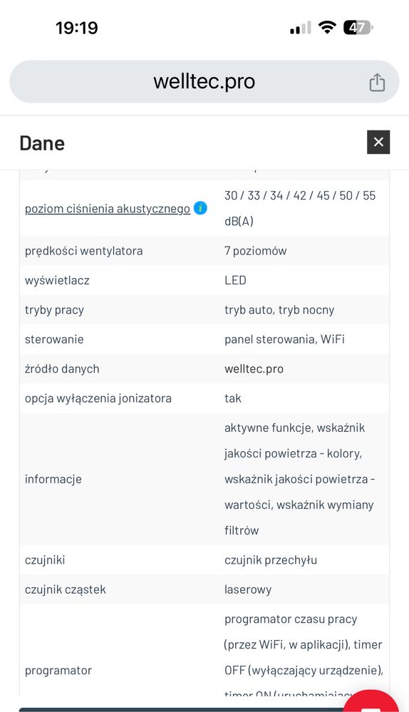 Oczyszczacz powietrza, jonizator Welltec APH 1000D mocny WiFi