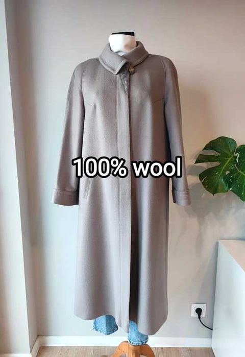 Brązowy Luksusowy Długi Płaszcz Wełniany 100% wełna • Vintage • L