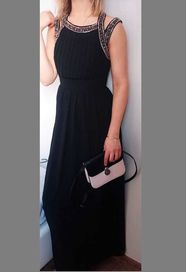 Czarna plisowana maxi sukienka zdobiona tfnc asos 34 wesele studniówka