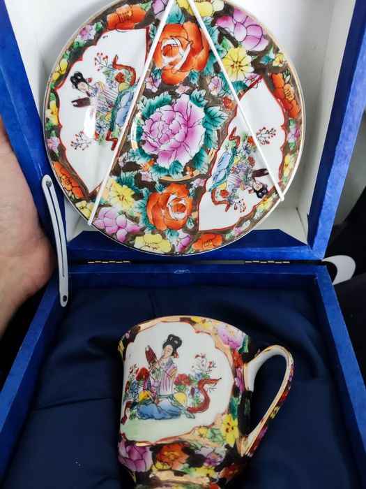 Conjunto de chávena e pires pintura chinesa