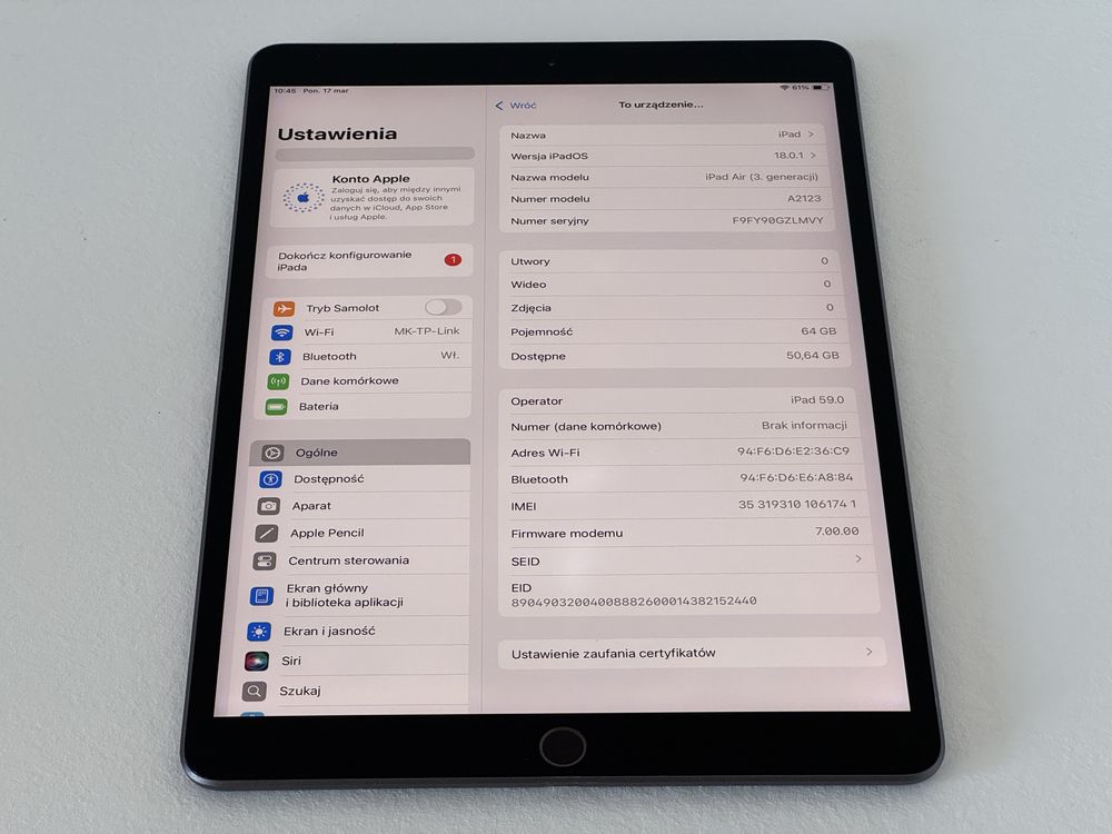 iPad Air 3 (A2123) - 64GB - Cellular (LTE) - faktura VAT 23%