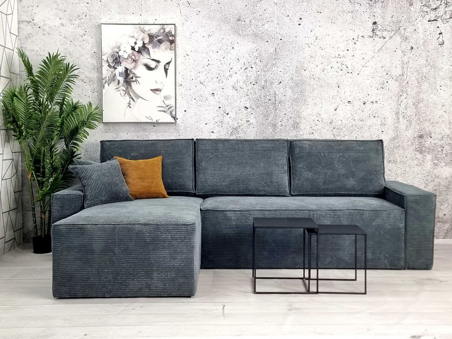 Narożnik z funkcją spania i pojemnikiem na pościel. Sprężyny. Sztruks