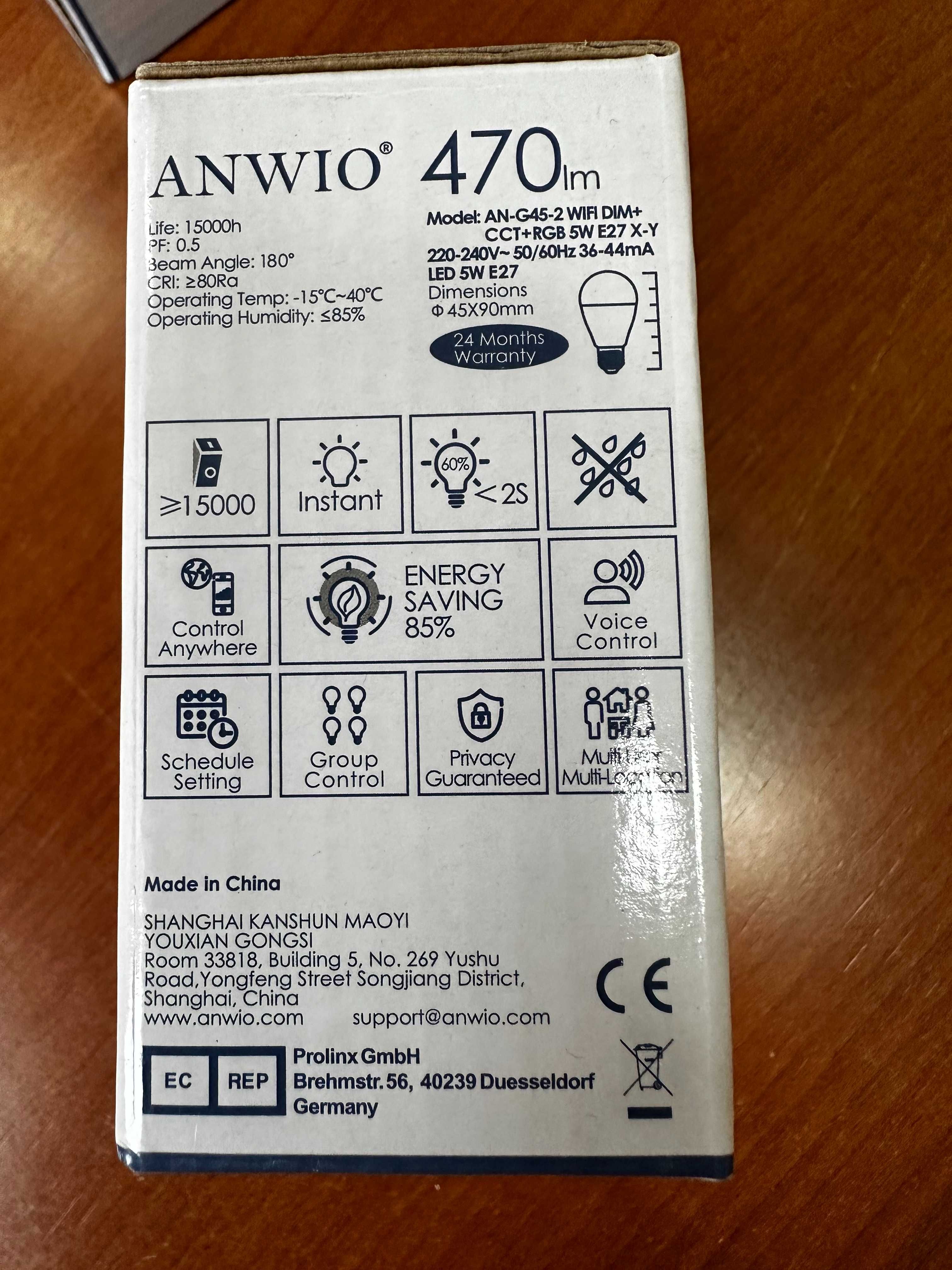 ANWIO 2 x 5 W lâmpadas inteligentes LED E27 RGB WiFi e Bluetooth