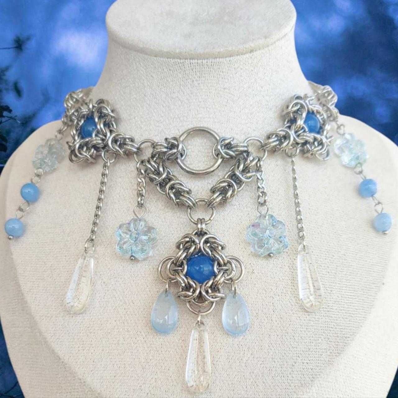 Choker naszyjnik handmade z akwamarynem szkłem Stal chirurgiczna