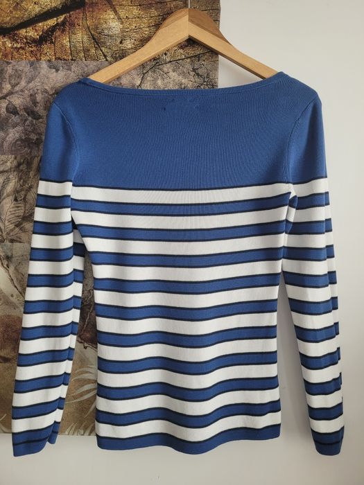 Ciepły damski sweter dekolt łódka Tommy Hilfiger r.M 38 biały niebiesk