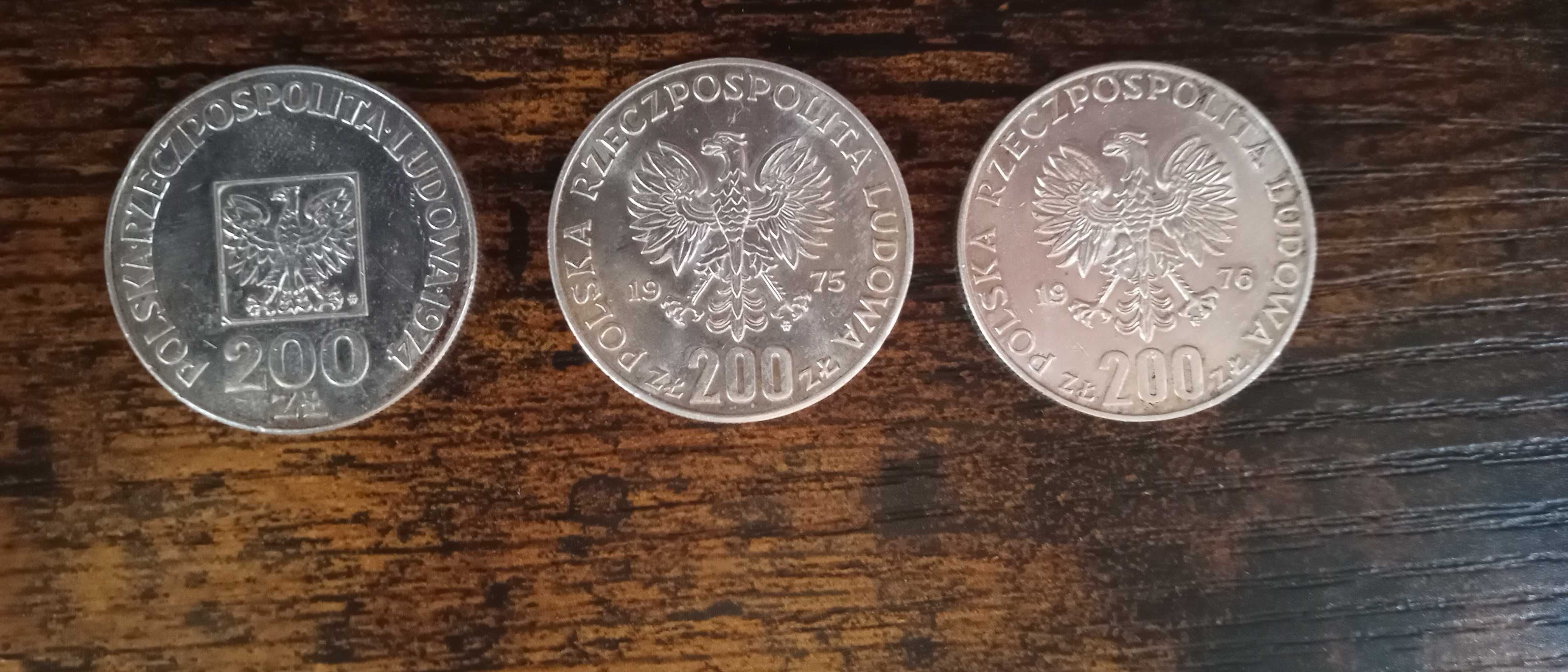 3 różne 200zł monety z roku 1974, 1975 i 1976. Stop Ag 625. Stan: BP.