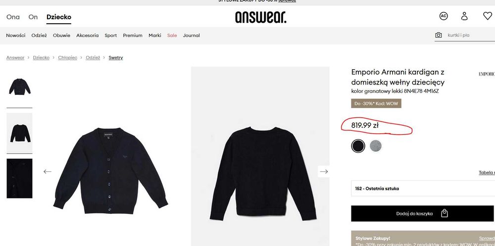 Sweter Kardigan komunijny kolekcja Emporio Armani