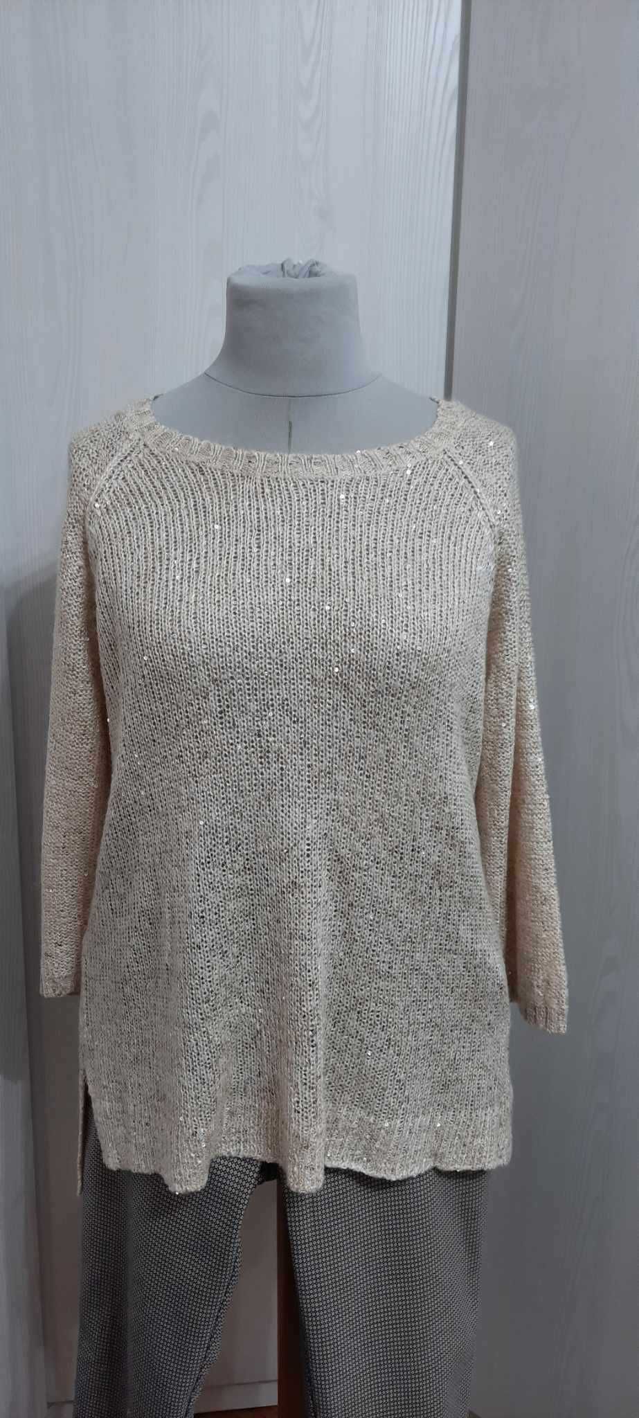 Beżowy sweter H&M z cekinami L/XL