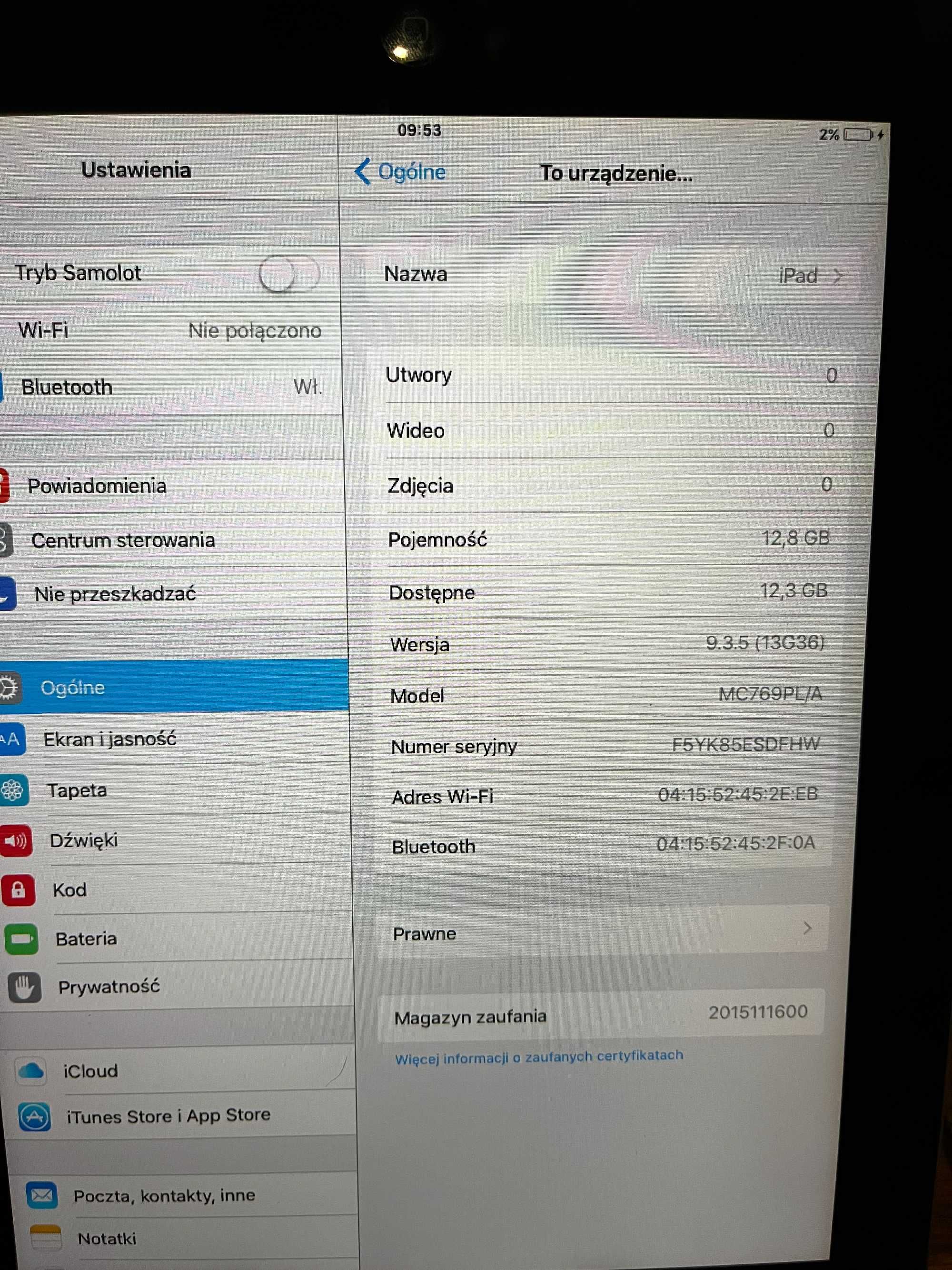 iPAD Apple, 2 generacji, model MC769PL/A, poj. 12,8 GB,