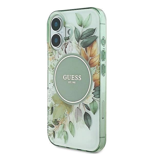 Etui Guess IML Flower & Tonal Circle MagSafe na iPhone 16 - zielone