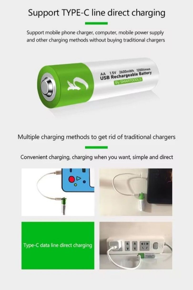 Акумулятор USB C. AA 2775 (2600). AAA 750, D1, крона, Smartools. CR123