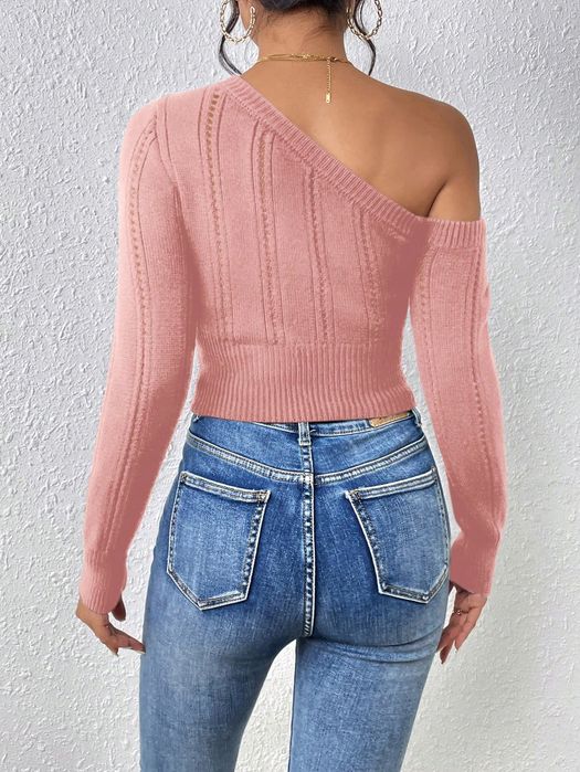 Sweterek Dzianinowy Cropped Na Jedno Ramię Różowy Casual Shein L 40