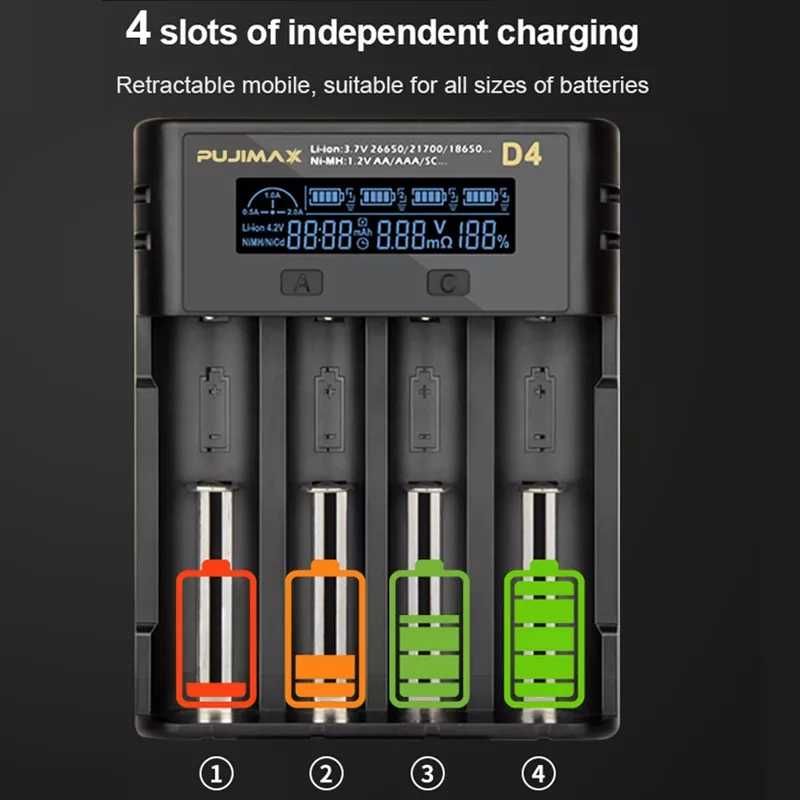 Розумний зарядний пристрій Pujimax D4 AA, AAA, 18650, та ін. NiM.