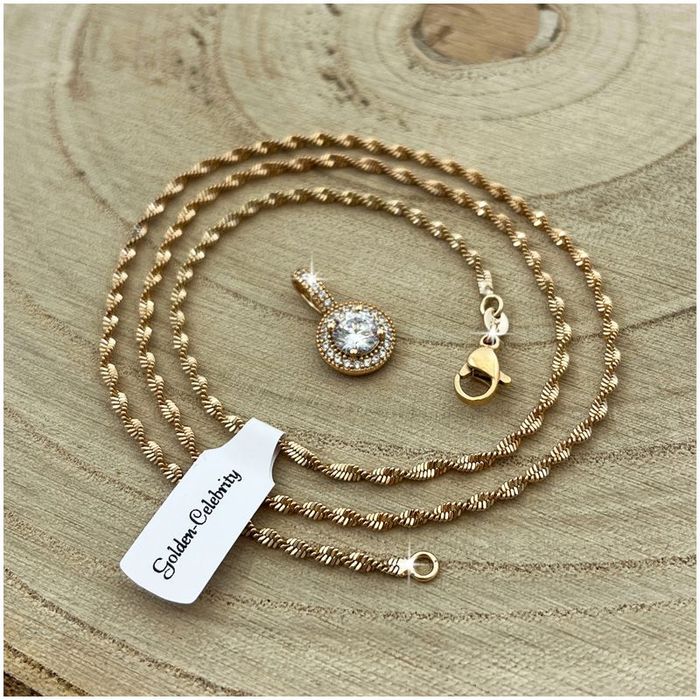Damski Złoty Łańcuszek Stal Chirurgiczna + Okrągły Wisiorek + Cyrkonie