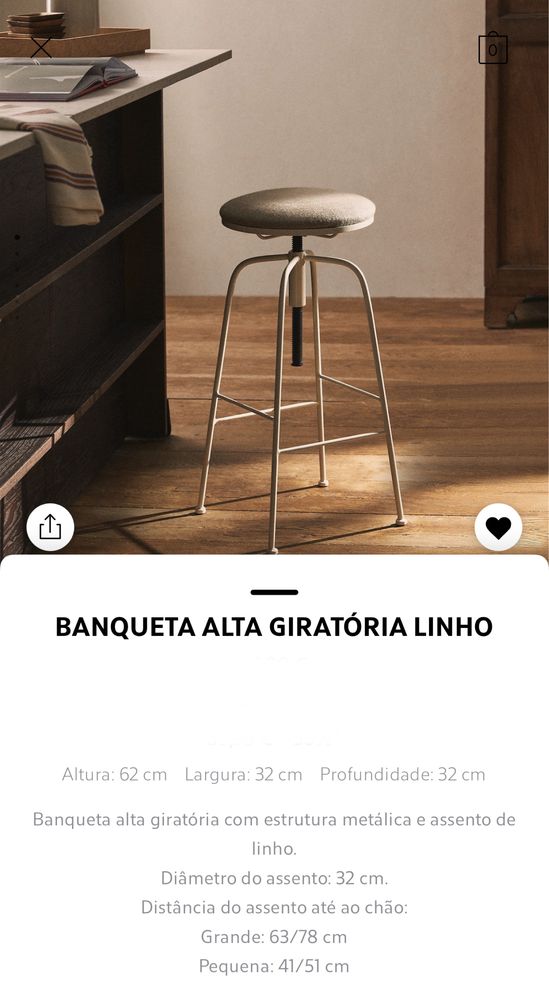 Banqueta Alta Giratória Linho Zara Home NOVO