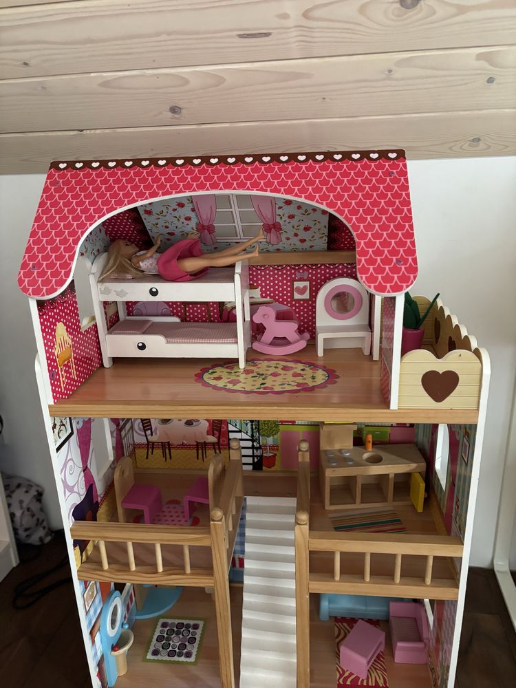 Drewniany domek dla lalek barbie, lalka akcesoria