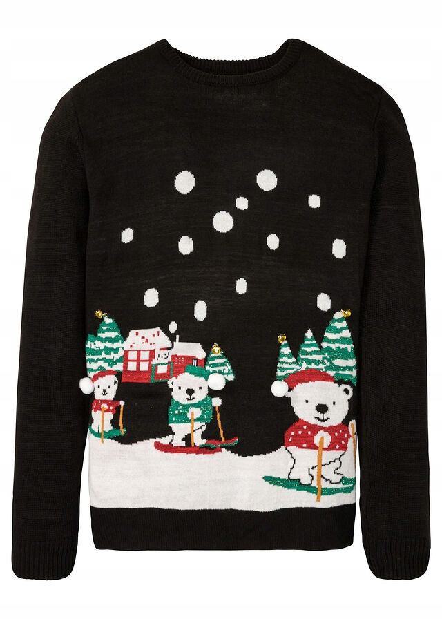 B.P.C sweter męski czarny w świąteczny wzór z dzwoneczkami M.