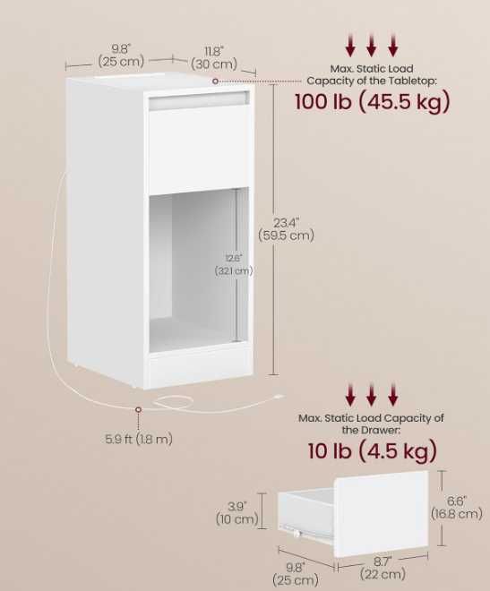 Stolik nocny/boczny ze stacją ładującą i oświetleniem LED LET610W01