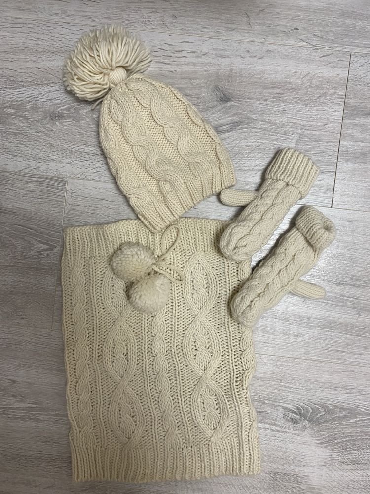 Zestaw dla dziecka beżowy zimowy komplet komin czapka rękawiczki