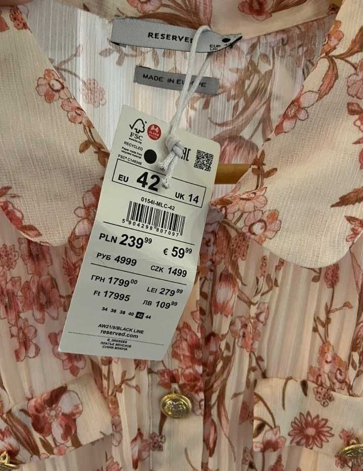 Reserved sliczna plisowana morelowa sukienka w kwiaty XL